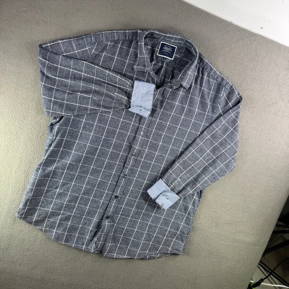 Charles Tyrwhitt Shirt Men XL Slim‎ Fit Gray Plaid 100% Cotton Flip Cuff Check - Picture 2 of 9